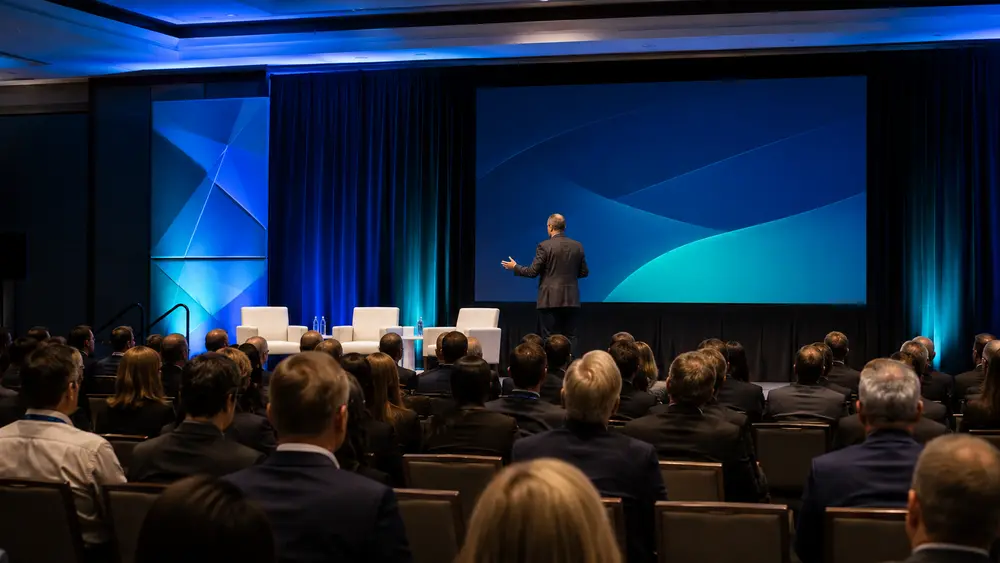 Business speaker addressing an executive conference audience